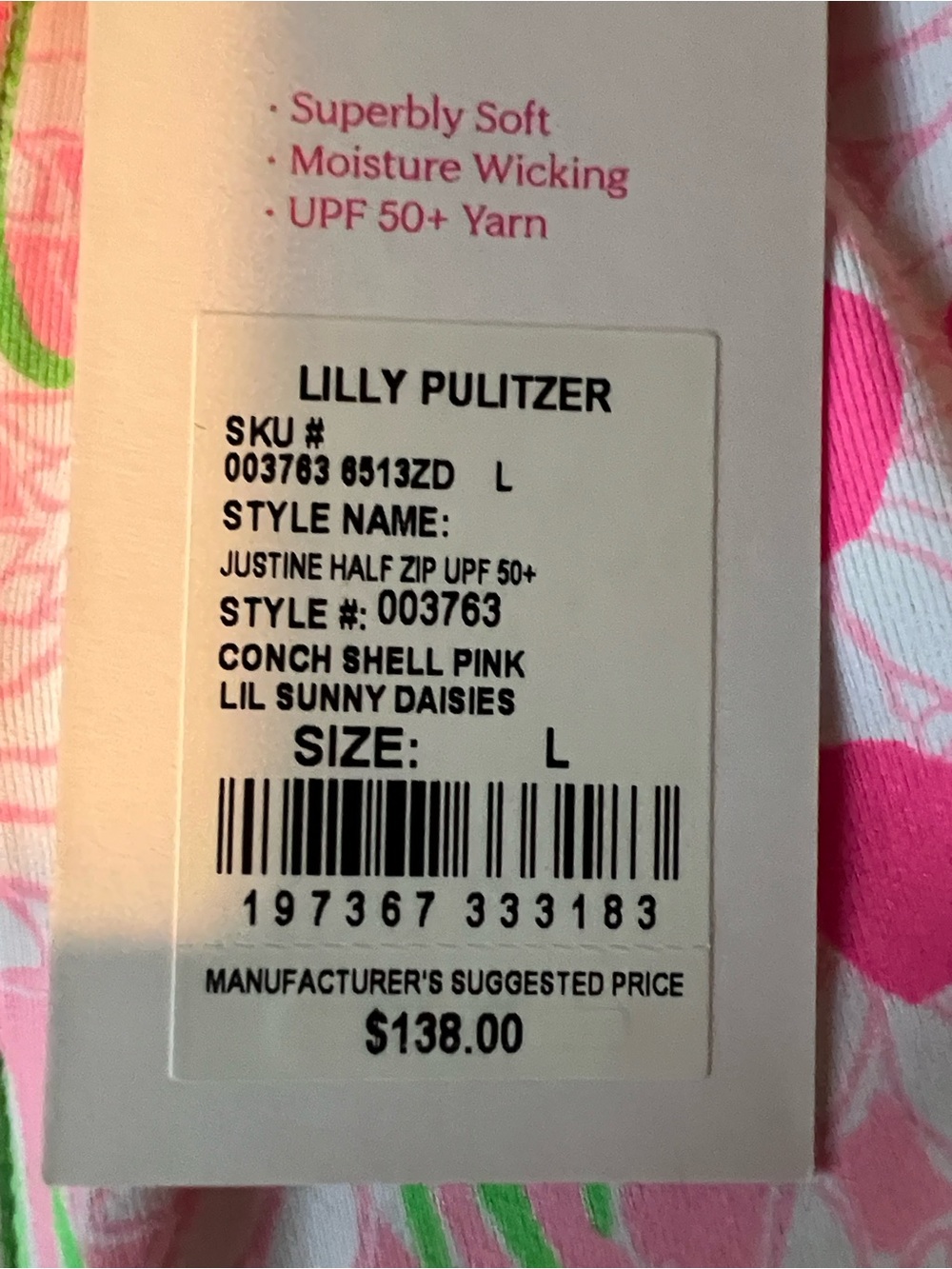 Lilly Pulitzer Luxletic Justine 1/2 Zip UPF 50 in conch shell pink sunny daisies - Picture 5 of 10